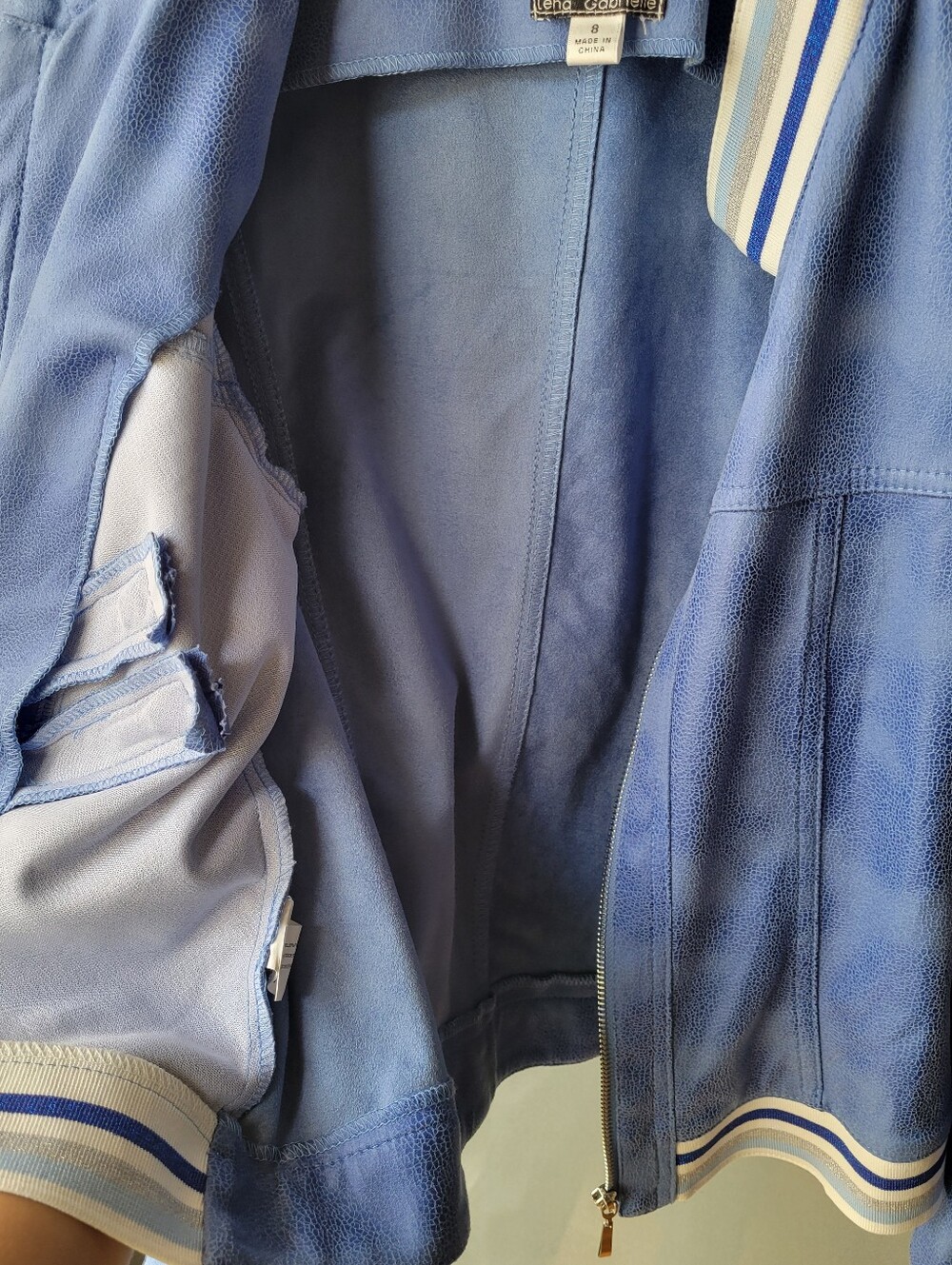 Lena Gabrielle Women's Faux Suede Jacket sz 8 Ocean BLUE Full Zip Stripe Trim - Picture 10 of 12
